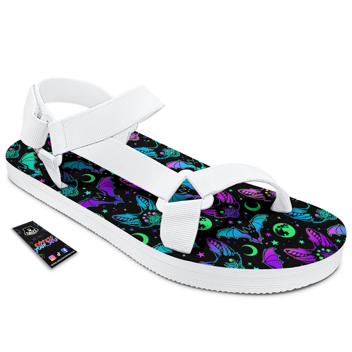 Multicolored Bats Print Pattern White Open Toe Sandals-grizzshop