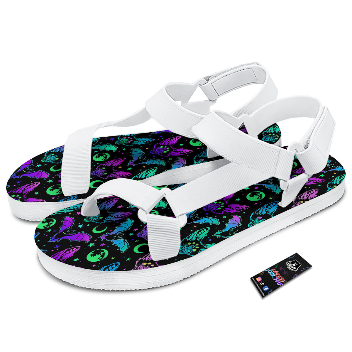 Multicolored Bats Print Pattern White Open Toe Sandals-grizzshop