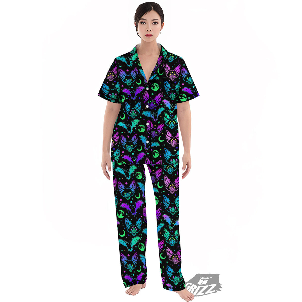 Multicolored Bats Print Pattern Women's Pajamas Set-grizzshop