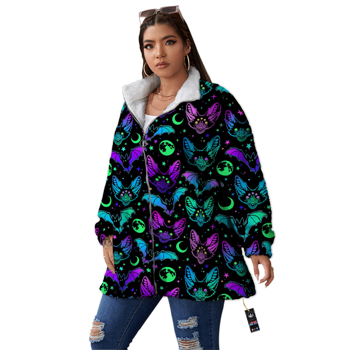 Multicolored Bats Print Pattern Women's Sherpa Jacket-grizzshop