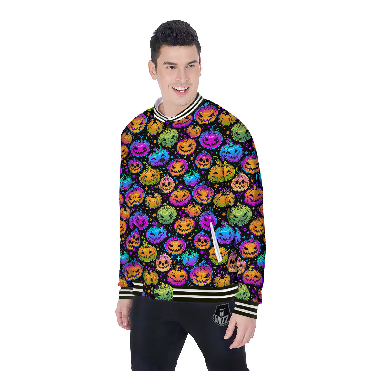 Multicolored Pumpkins Halloween Print Pattern Baseball Jacket-grizzshop