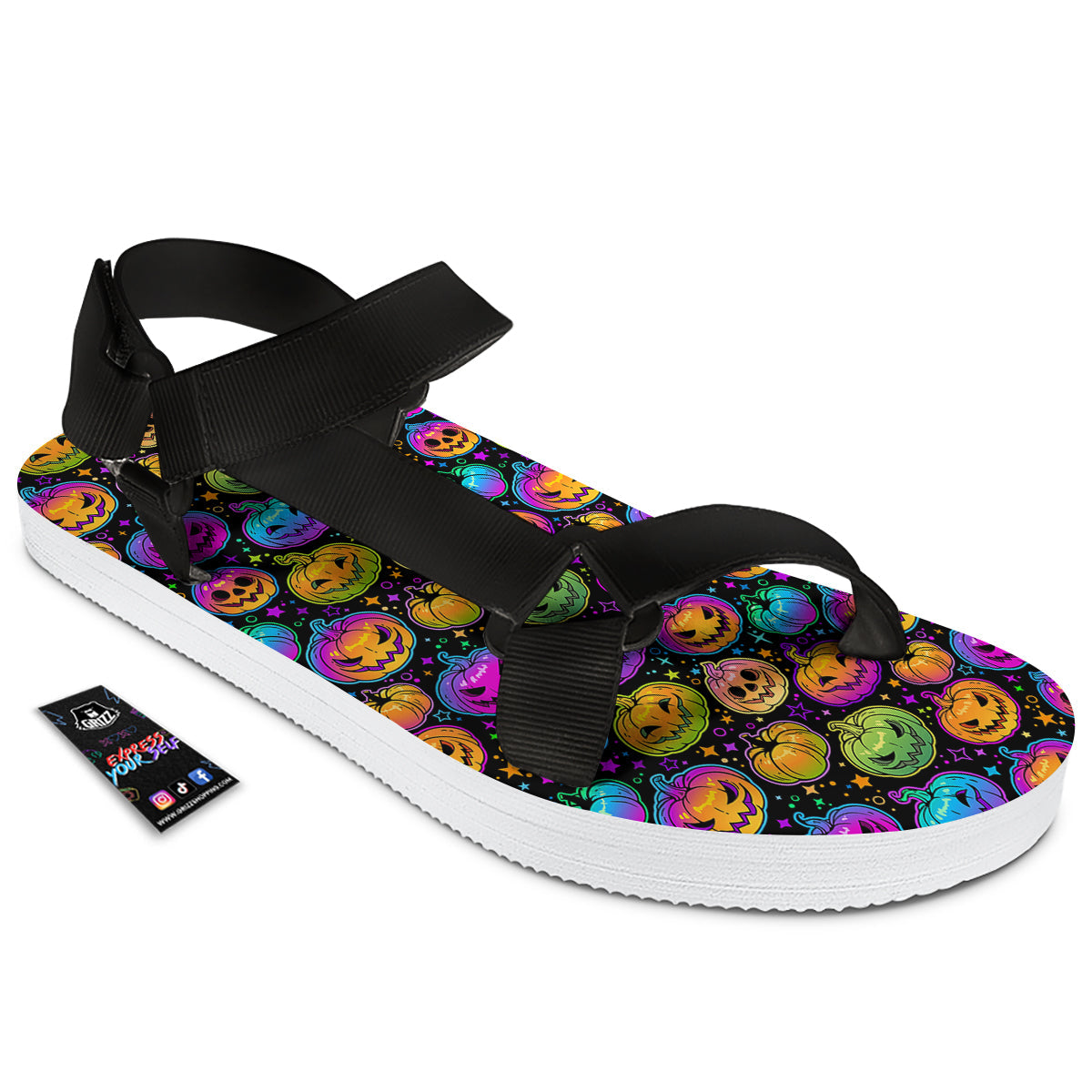 Multicolored Pumpkins Halloween Print Pattern Black Open Toe Sandals-grizzshop