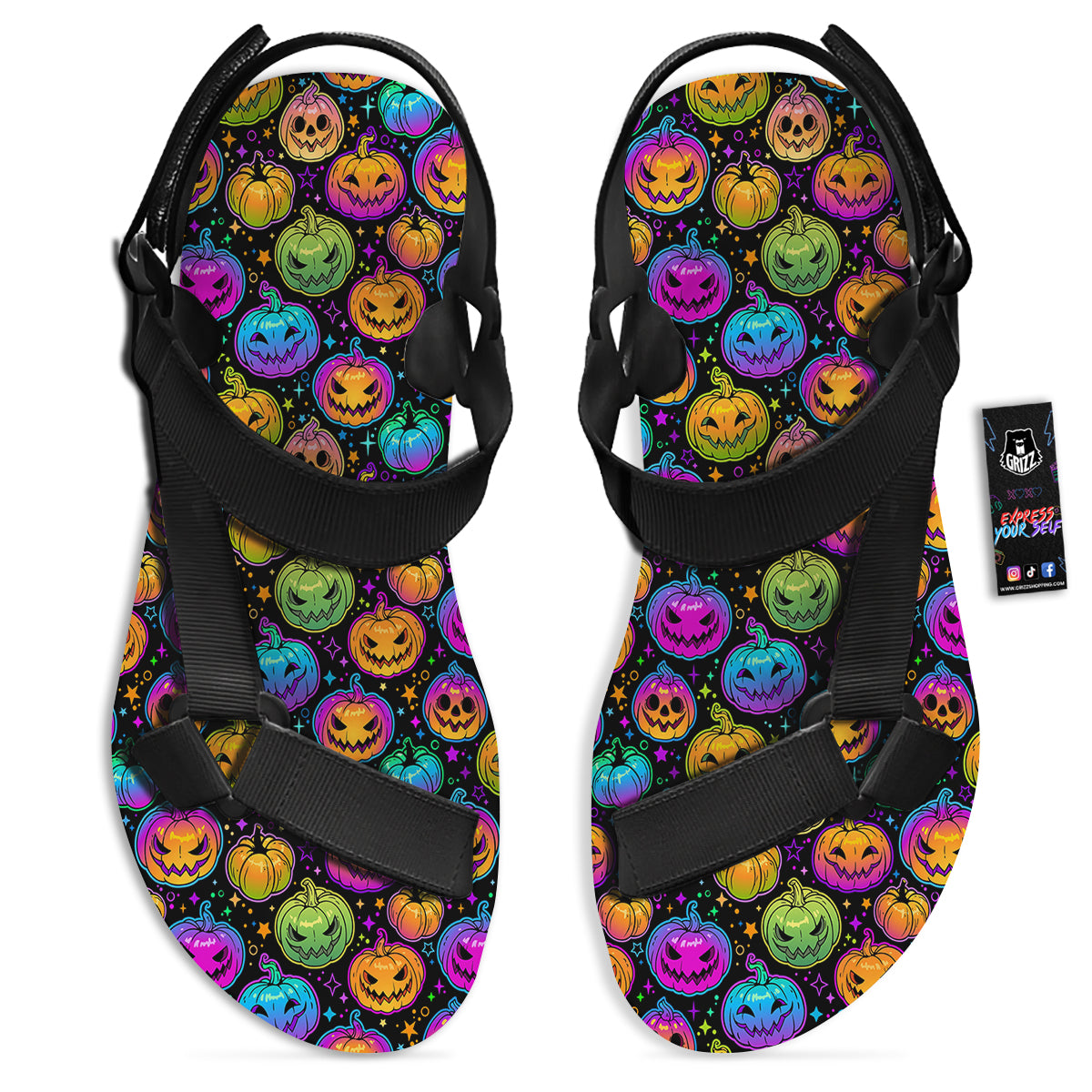 Multicolored Pumpkins Halloween Print Pattern Black Open Toe Sandals-grizzshop
