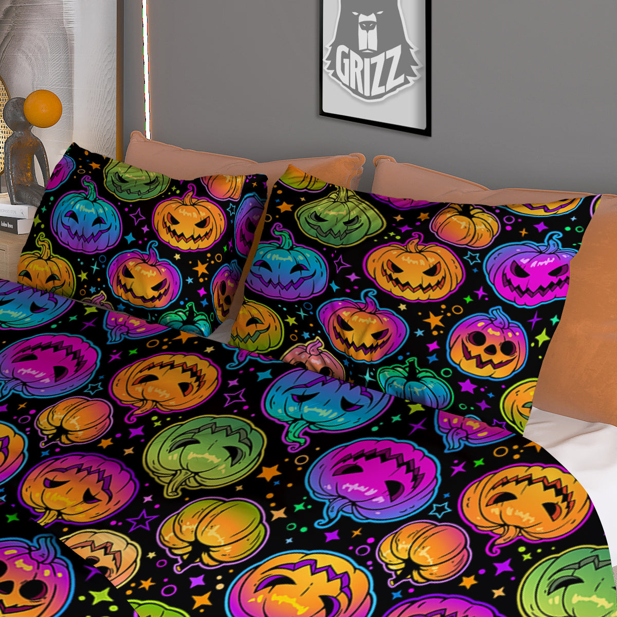 Multicolored Pumpkins Halloween Print Pattern Duvet Cover Bedding Set
