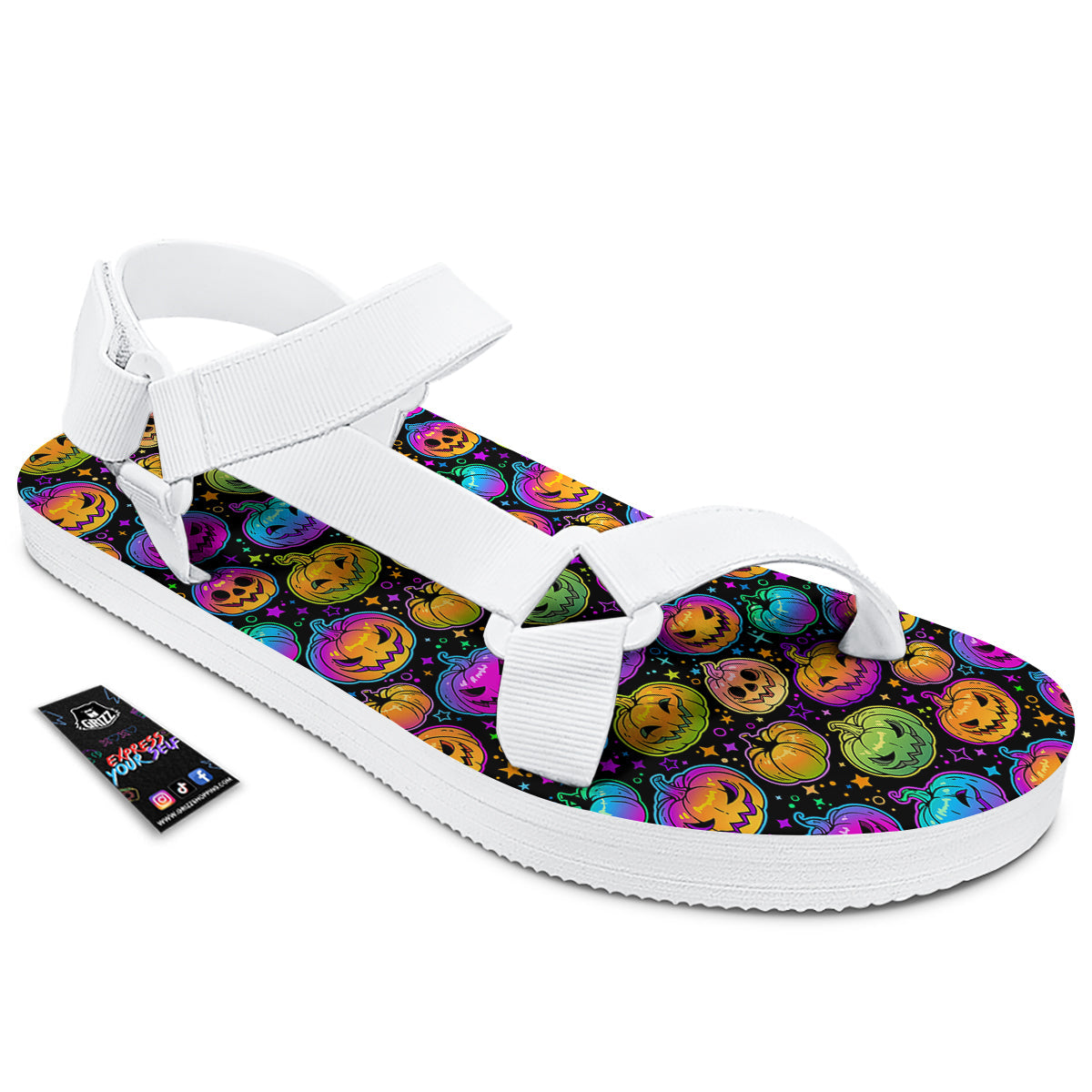 Multicolored Pumpkins Halloween Print Pattern White Open Toe Sandals-grizzshop