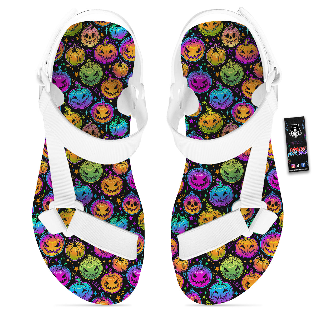 Multicolored Pumpkins Halloween Print Pattern White Open Toe Sandals-grizzshop