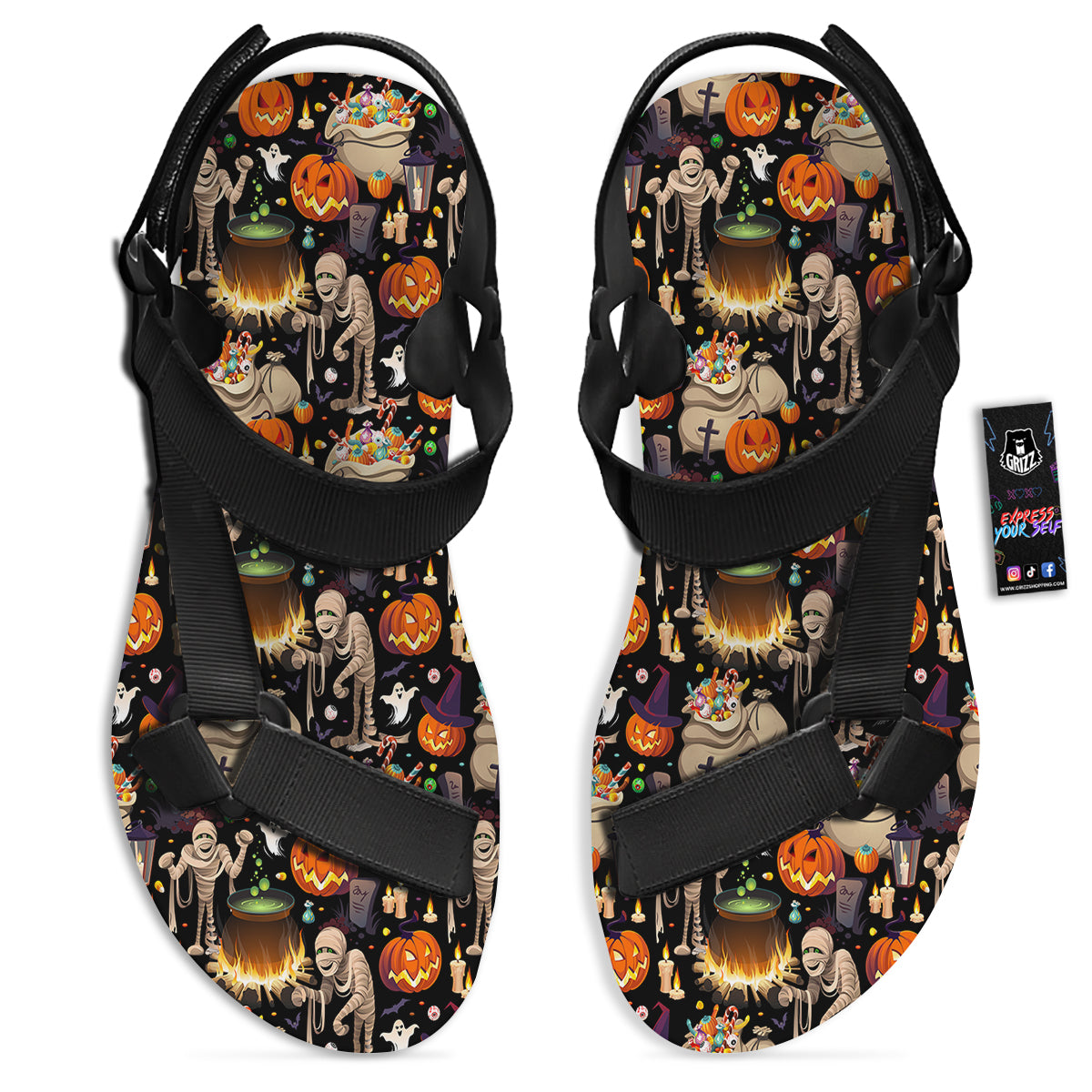 Mummy And Pumpkins Halloween Print Pattern Black Open Toe Sandals-grizzshop