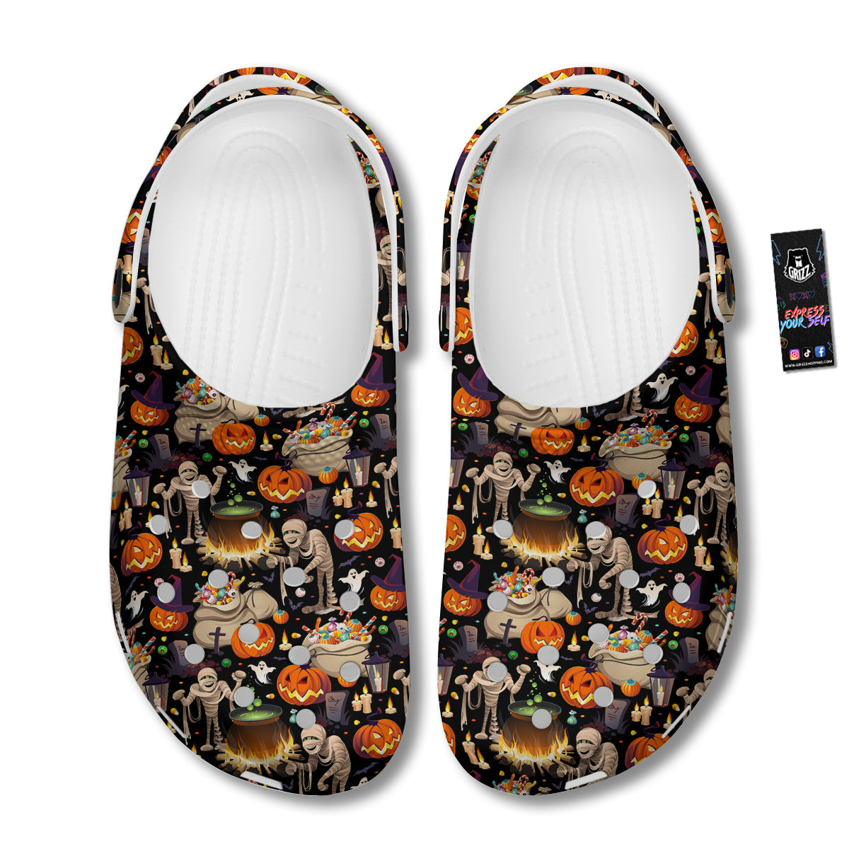 Mummy And Pumpkins Halloween Print Pattern Clog-grizzshop