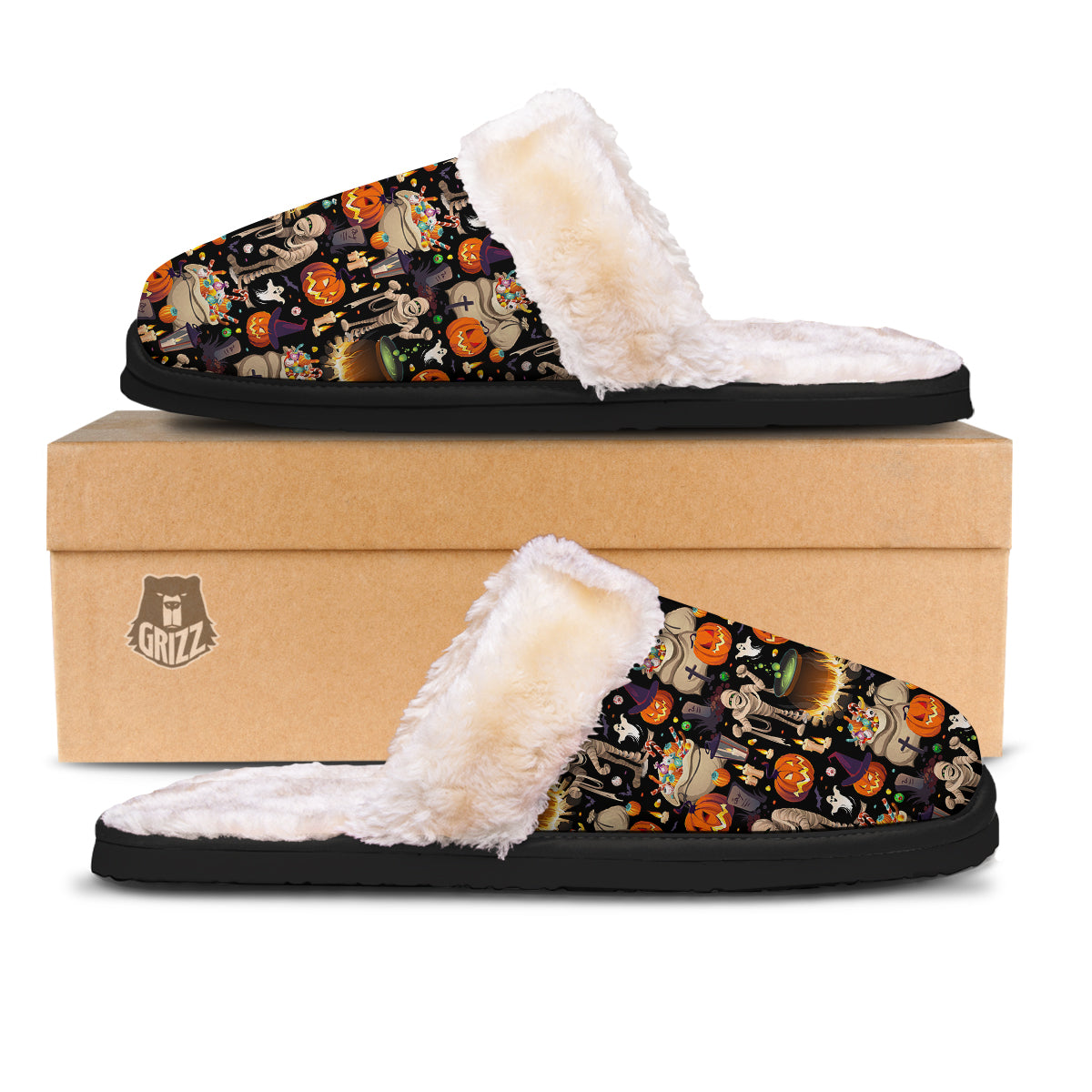 Mummy And Pumpkins Halloween Print Pattern Slippers-grizzshop