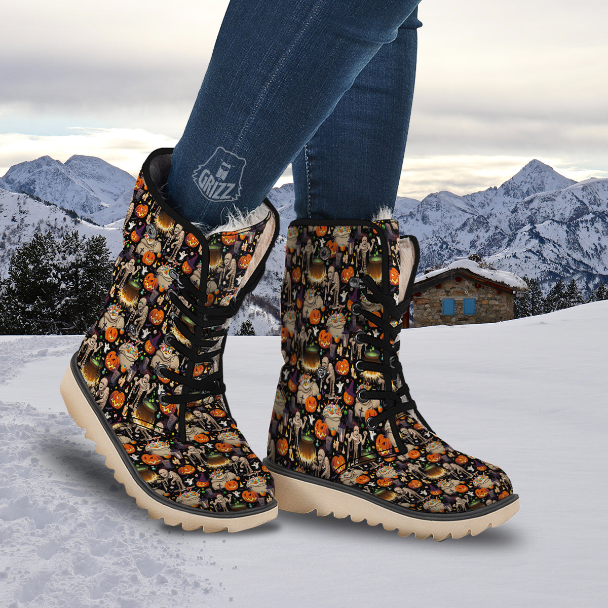 Mummy And Pumpkins Halloween Print Pattern Snow Boots-grizzshop