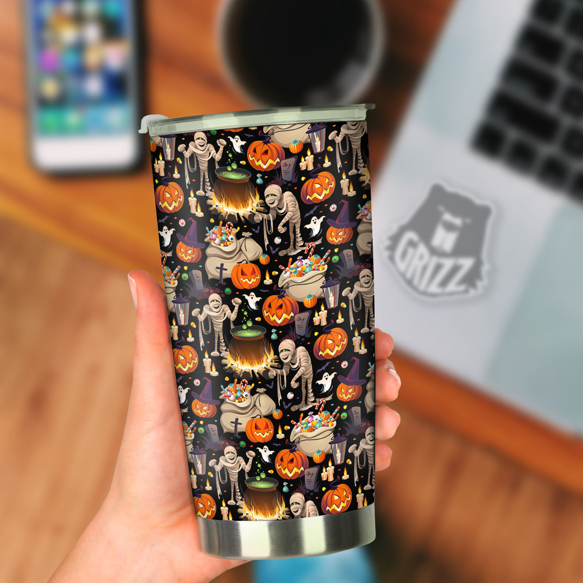 Mummy And Pumpkins Halloween Print Pattern Tumbler-grizzshop