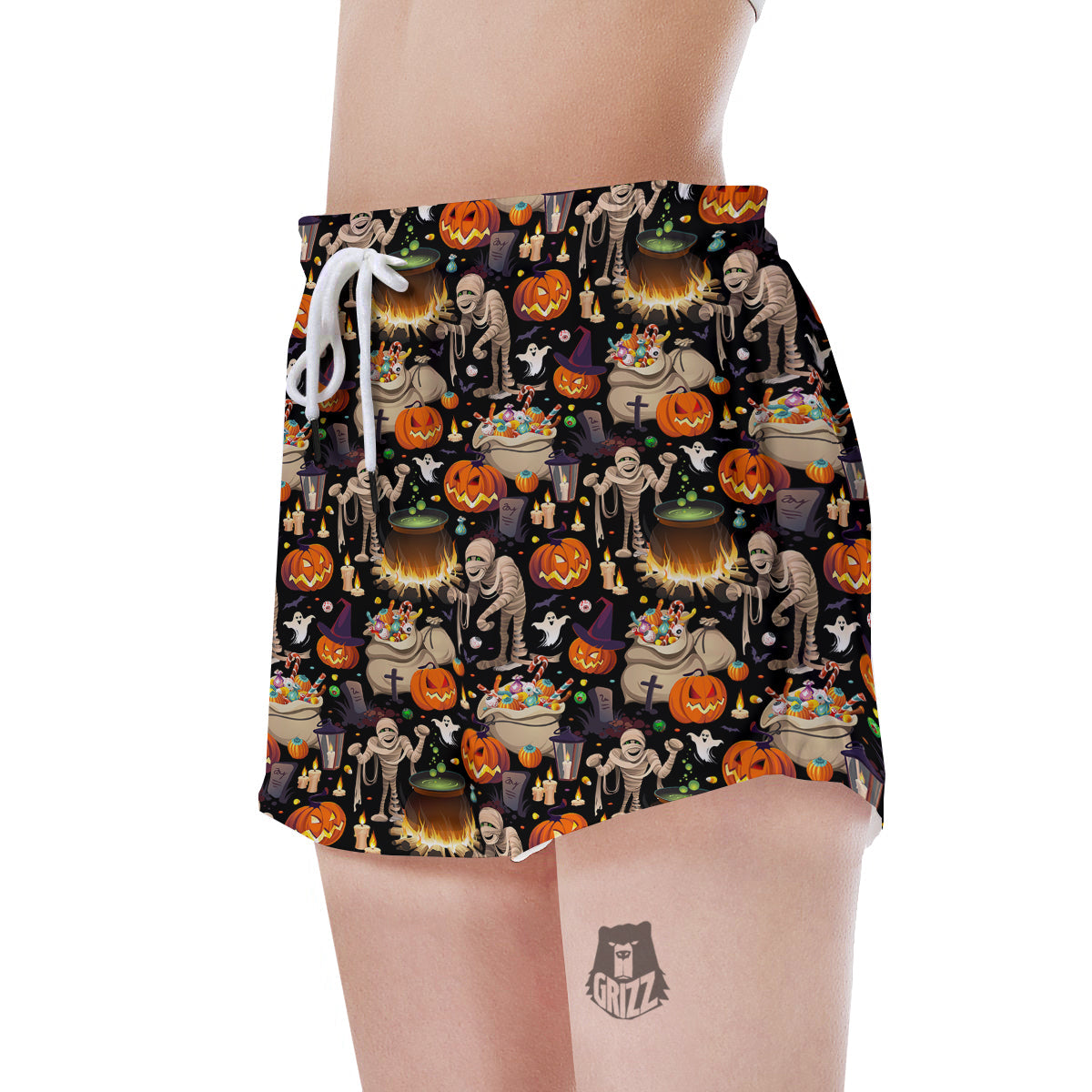 Mummy And Pumpkins Halloween Print Pattern Women's Shorts-grizzshop