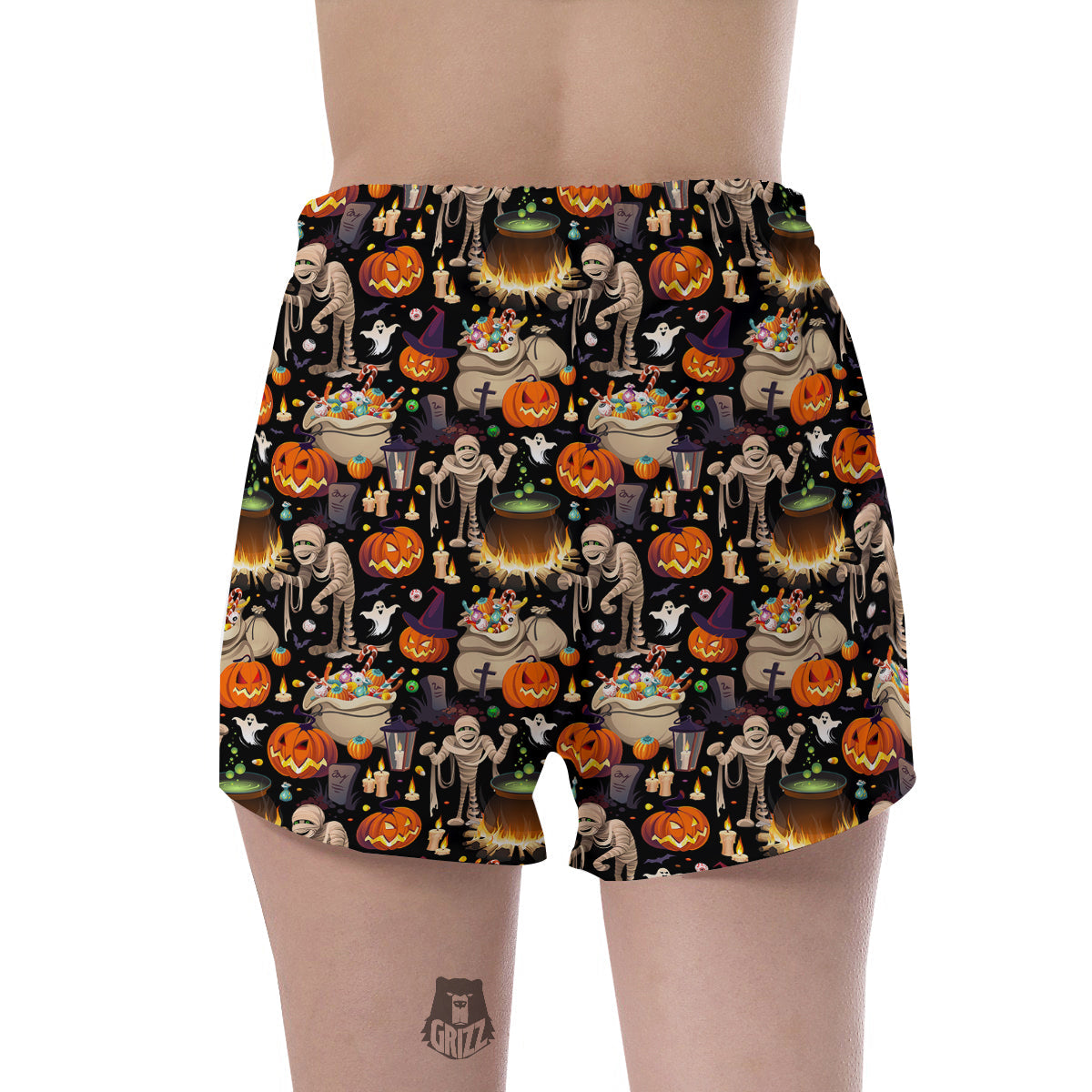 Mummy And Pumpkins Halloween Print Pattern Women's Shorts-grizzshop