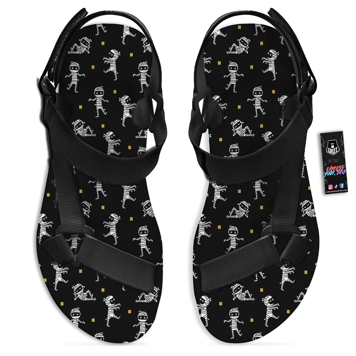 Mummy Cartoon Print Pattern Black Open Toe Sandals-grizzshop