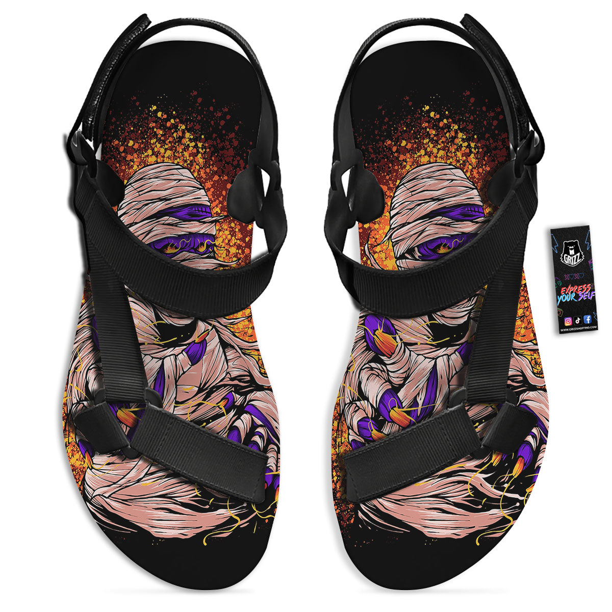 Mummy Halloween Print Black Open Toe Sandals-grizzshop