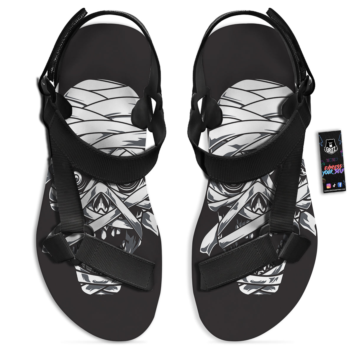 Mummy Head Print Black Open Toe Sandals-grizzshop