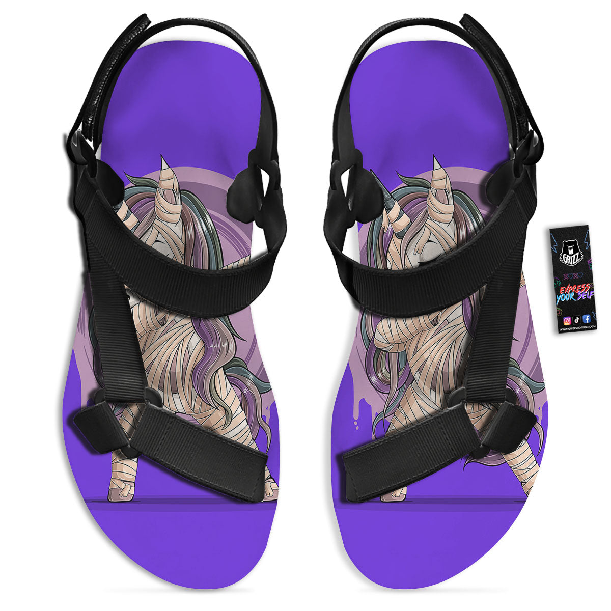 Mummy Unicorn Dap Print Black Open Toe Sandals-grizzshop