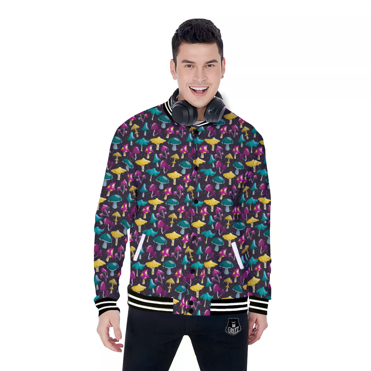 Mushroom Cartoon Print Pattern Baseball Jacket-grizzshop