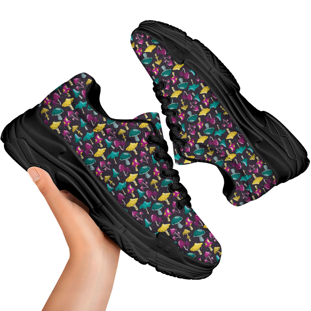 Mushroom Cartoon Print Pattern Black Chunky Shoes-grizzshop