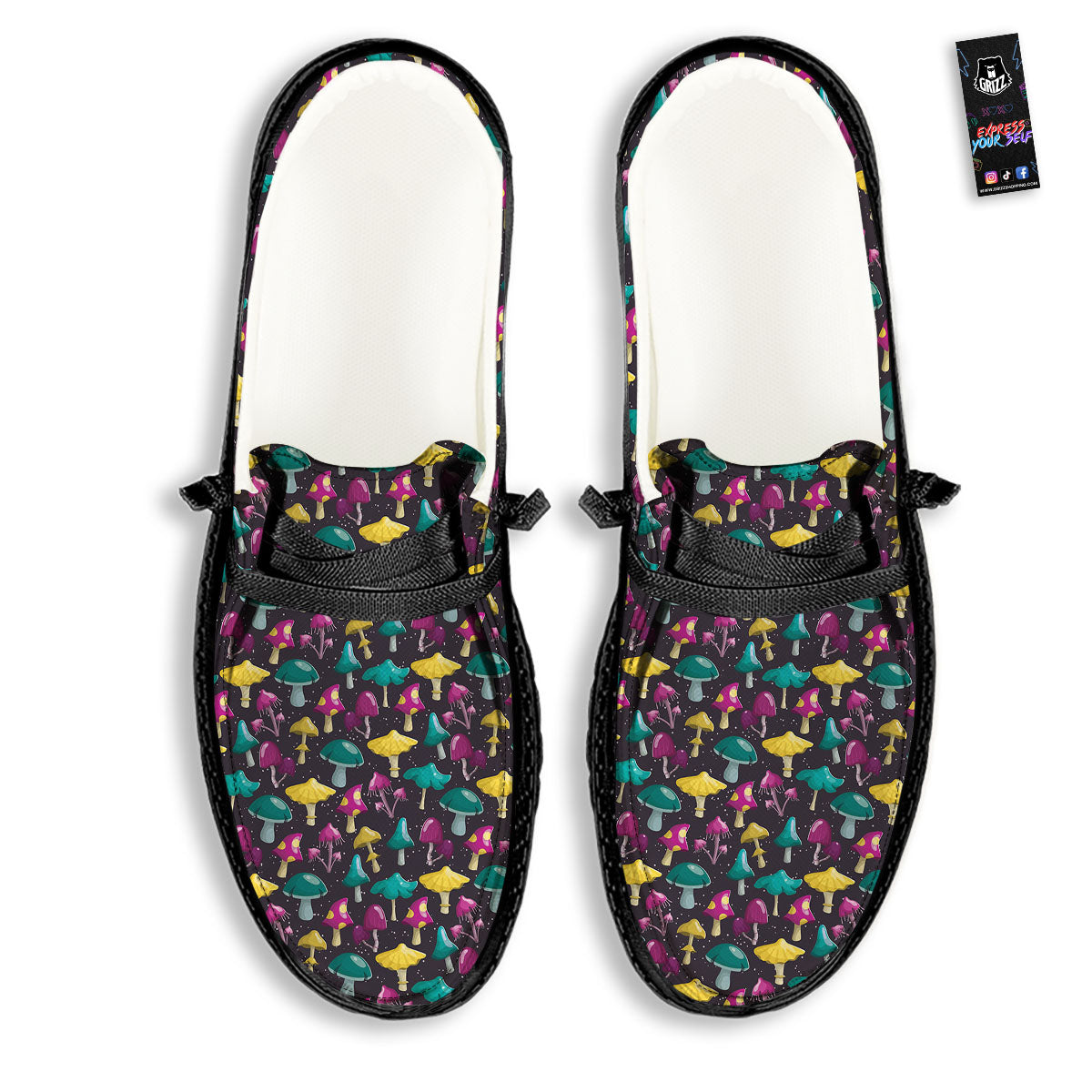 Mushroom Cartoon Print Pattern Black Loafers-grizzshop
