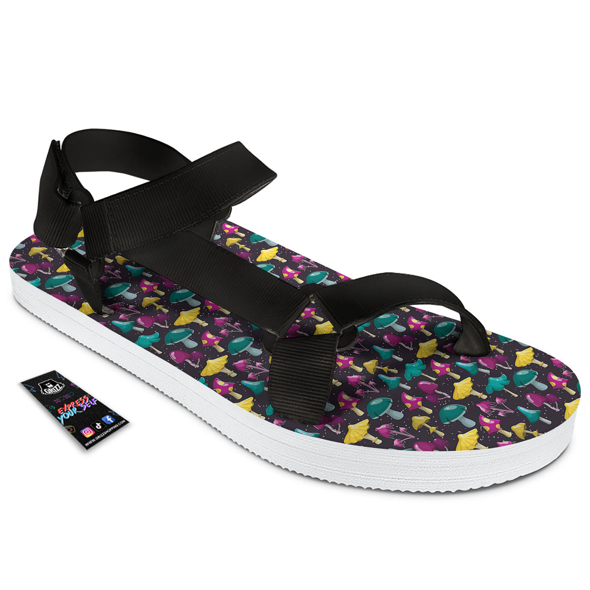 Mushroom Cartoon Print Pattern Black Open Toe Sandals-grizzshop