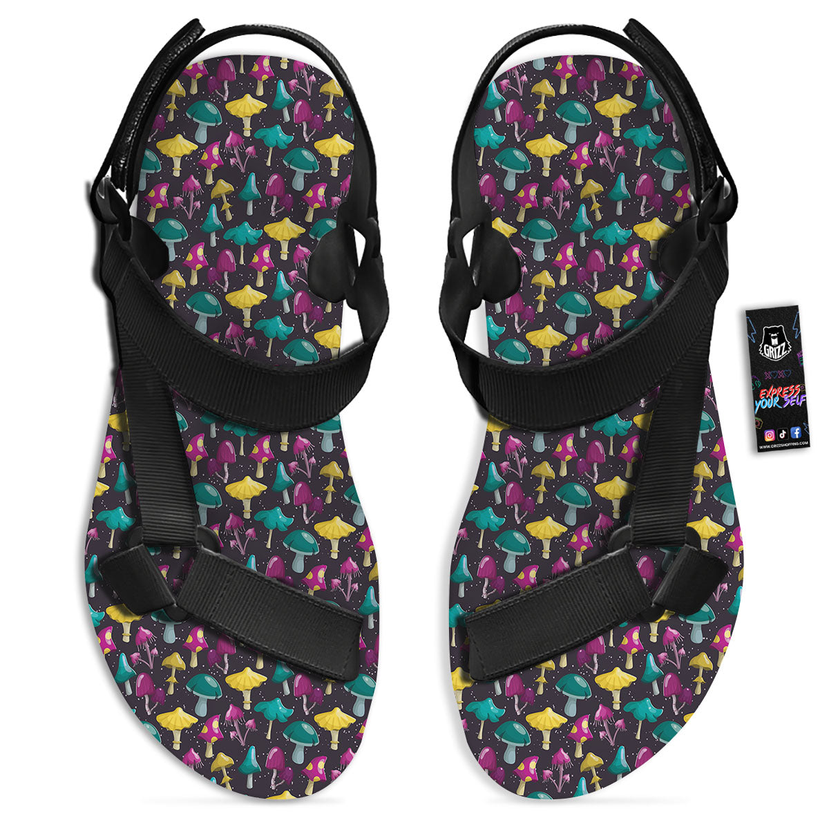 Mushroom Cartoon Print Pattern Black Open Toe Sandals-grizzshop