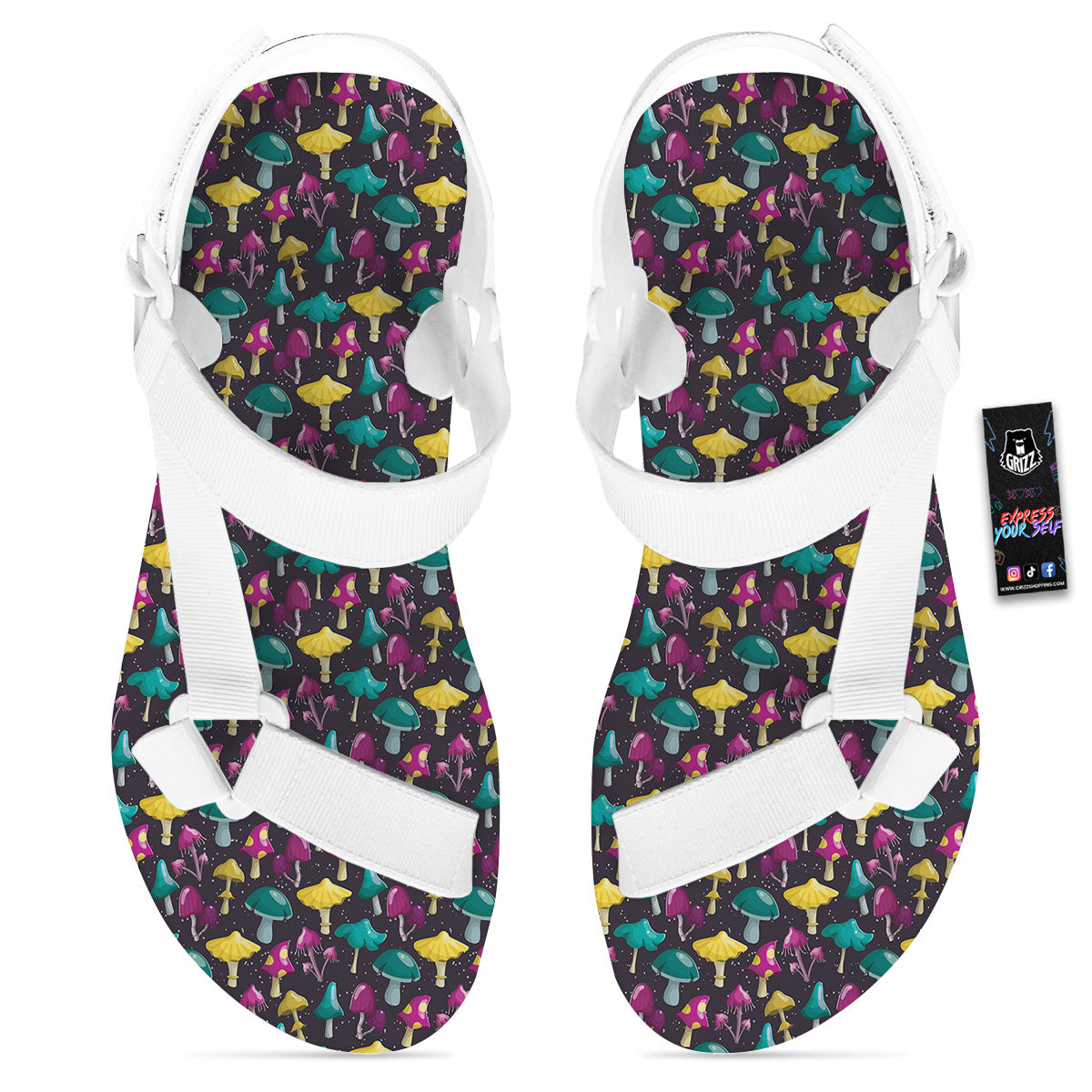 Mushroom Cartoon Print Pattern White Open Toe Sandals-grizzshop