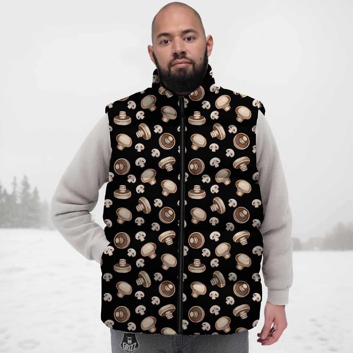 Mushroom Champignon Print Pattern Down Vest-grizzshop
