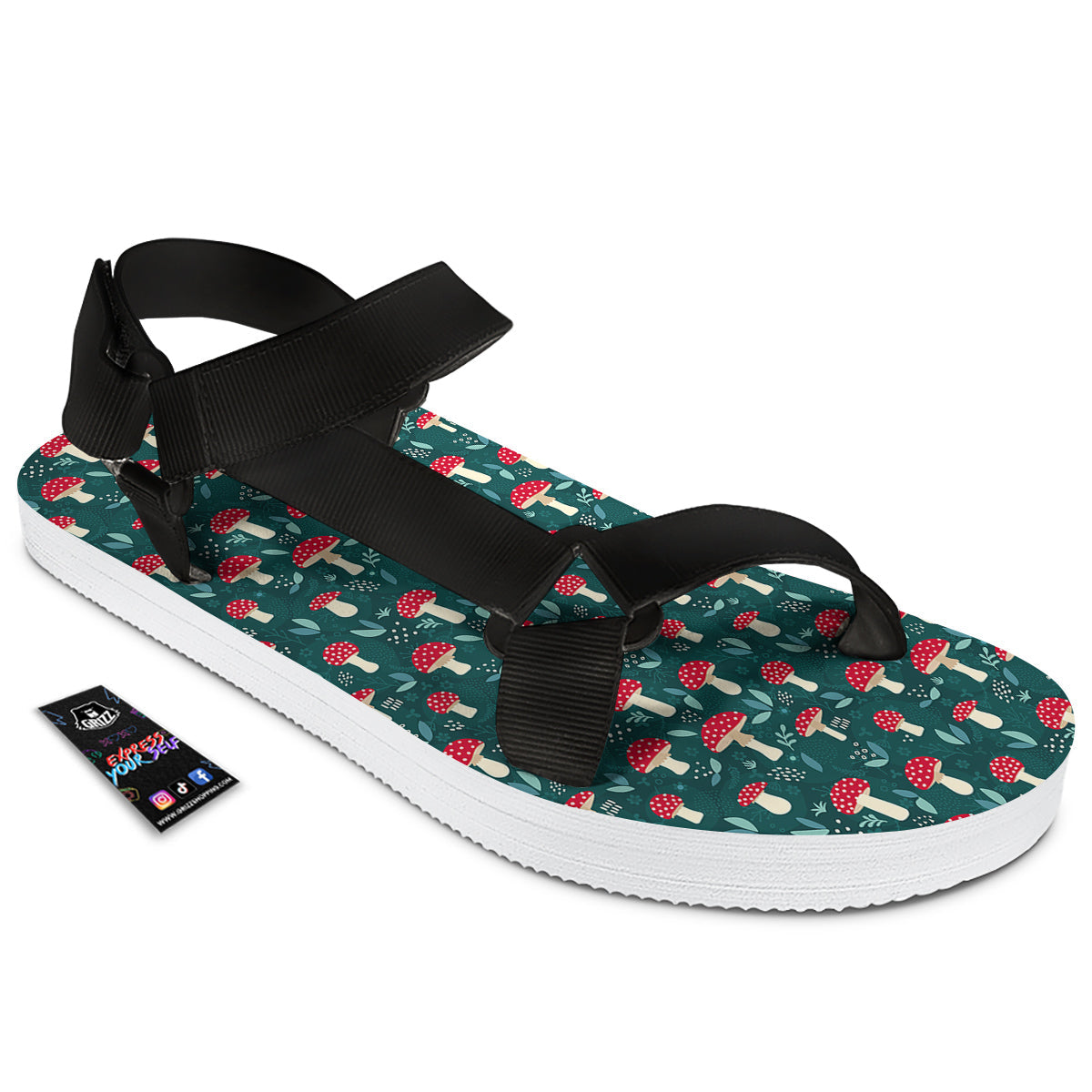 Mushroom Cute Print Pattern Black Open Toe Sandals-grizzshop