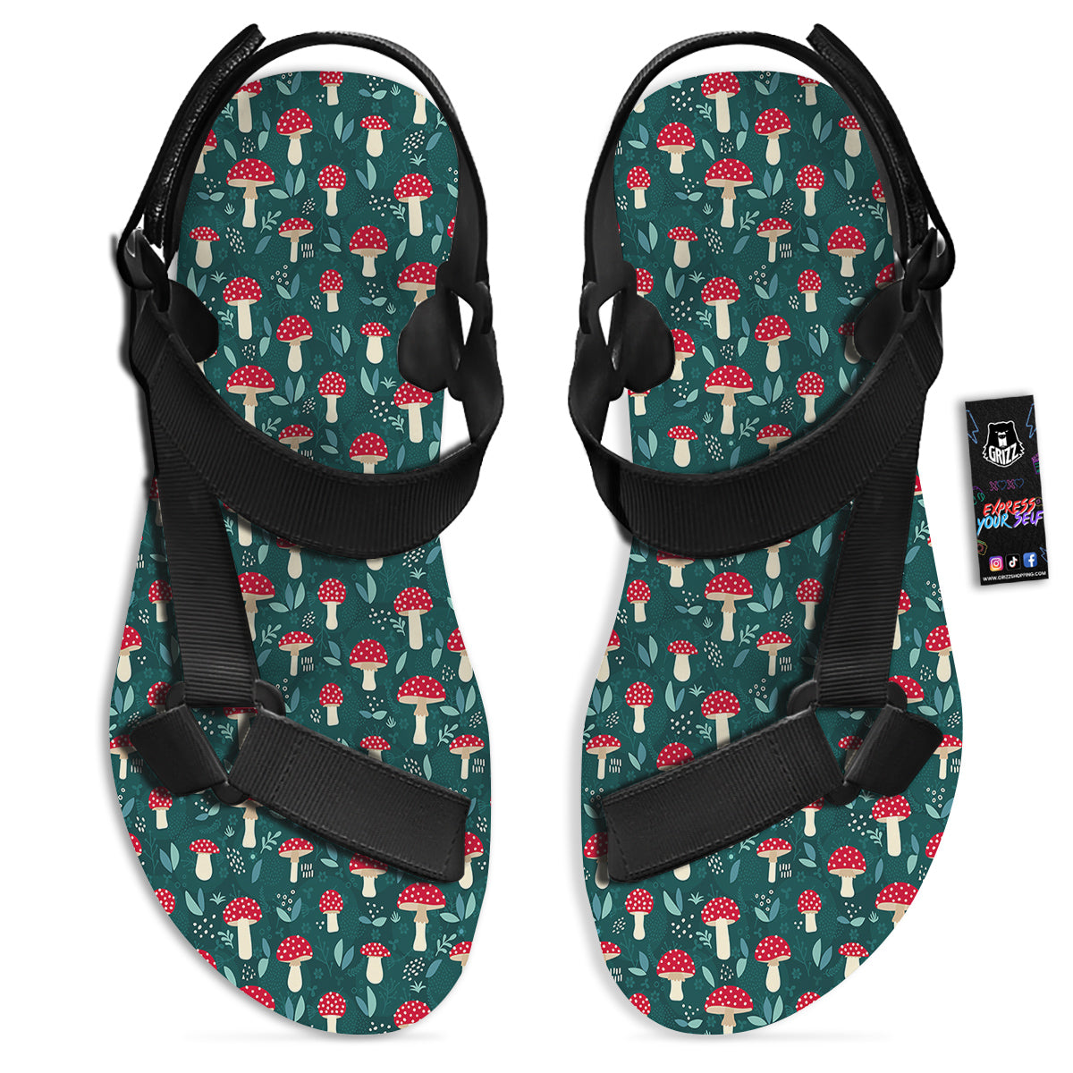 Mushroom Cute Print Pattern Black Open Toe Sandals-grizzshop
