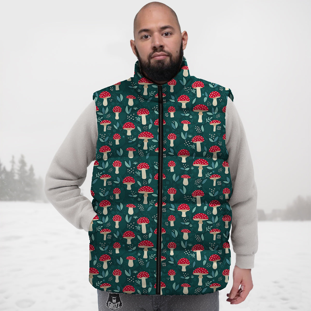 Mushroom Cute Print Pattern Down Vest-grizzshop