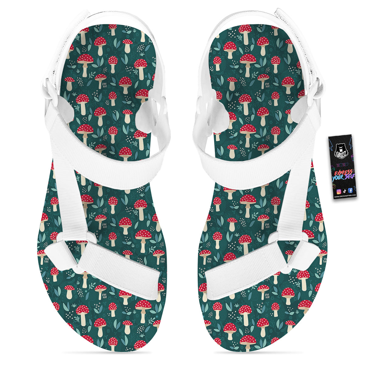 Mushroom Cute Print Pattern White Open Toe Sandals-grizzshop