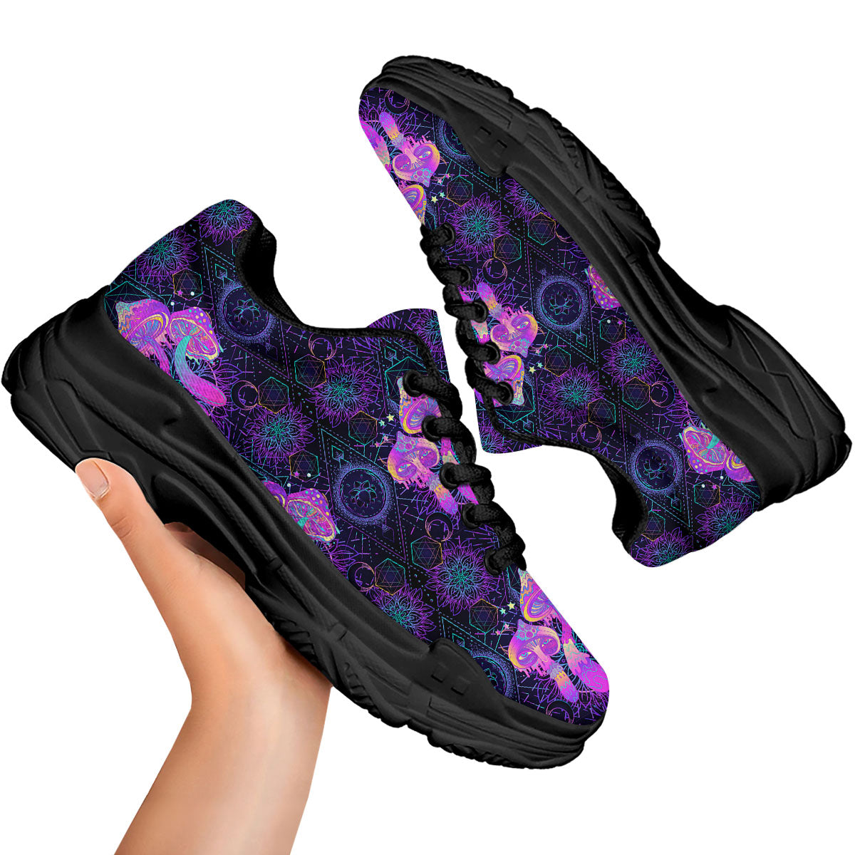 Mushroom Psychedelic Print Pattern Black Chunky Shoes-grizzshop