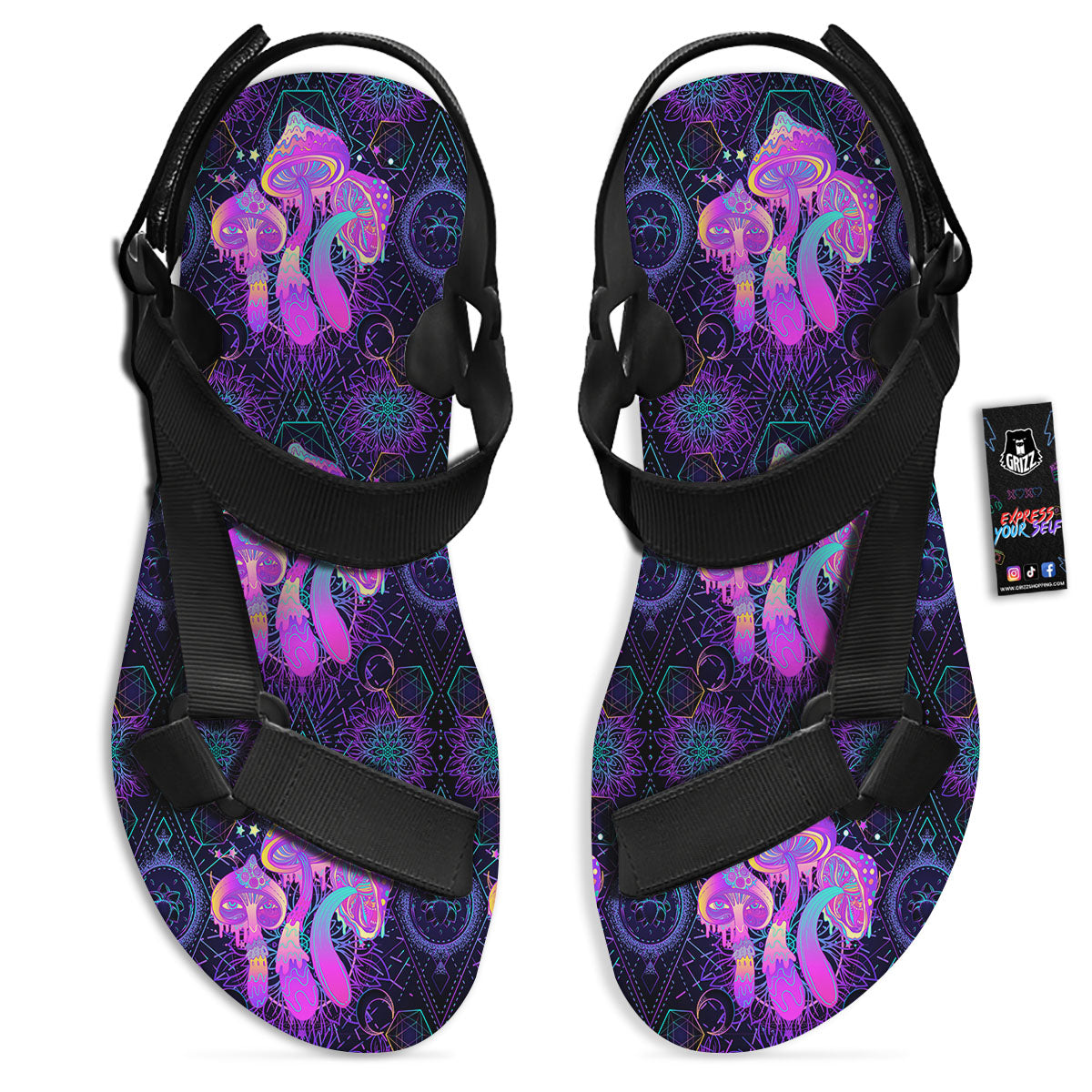 Mushroom Psychedelic Print Pattern Black Open Toe Sandals-grizzshop