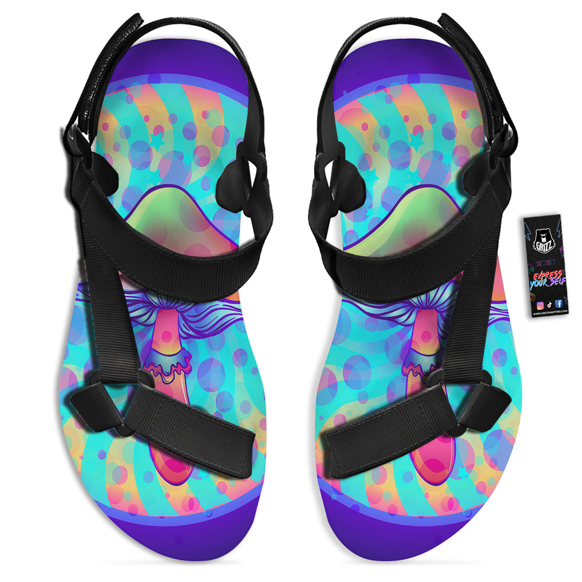 Mushrooms Psychedelic Print Black Open Toe Sandals-grizzshop