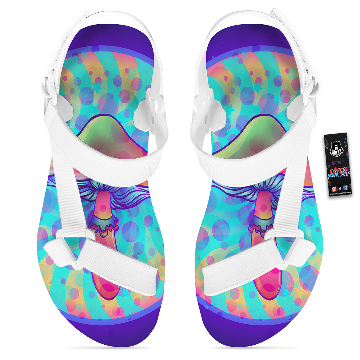 Mushrooms Psychedelic Print White Open Toe Sandals-grizzshop