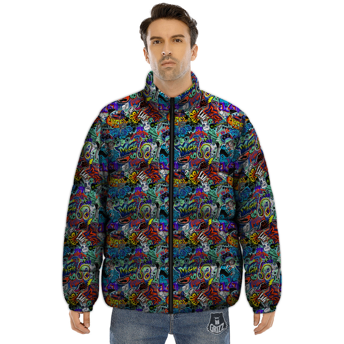 Music Abstract Print Pattern Puffer Jacket-grizzshop
