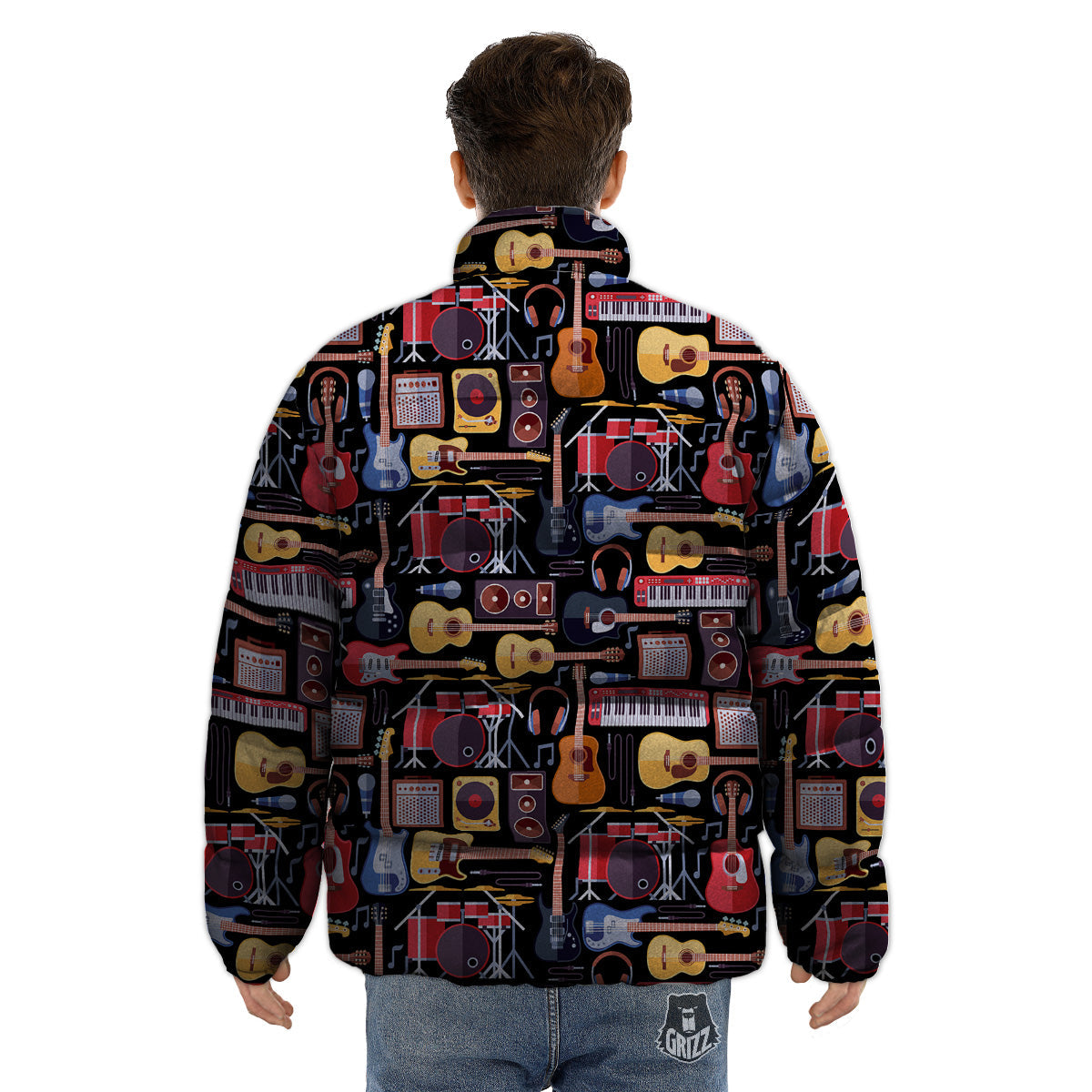 Music Instruments Print Pattern Puffer Jacket-grizzshop