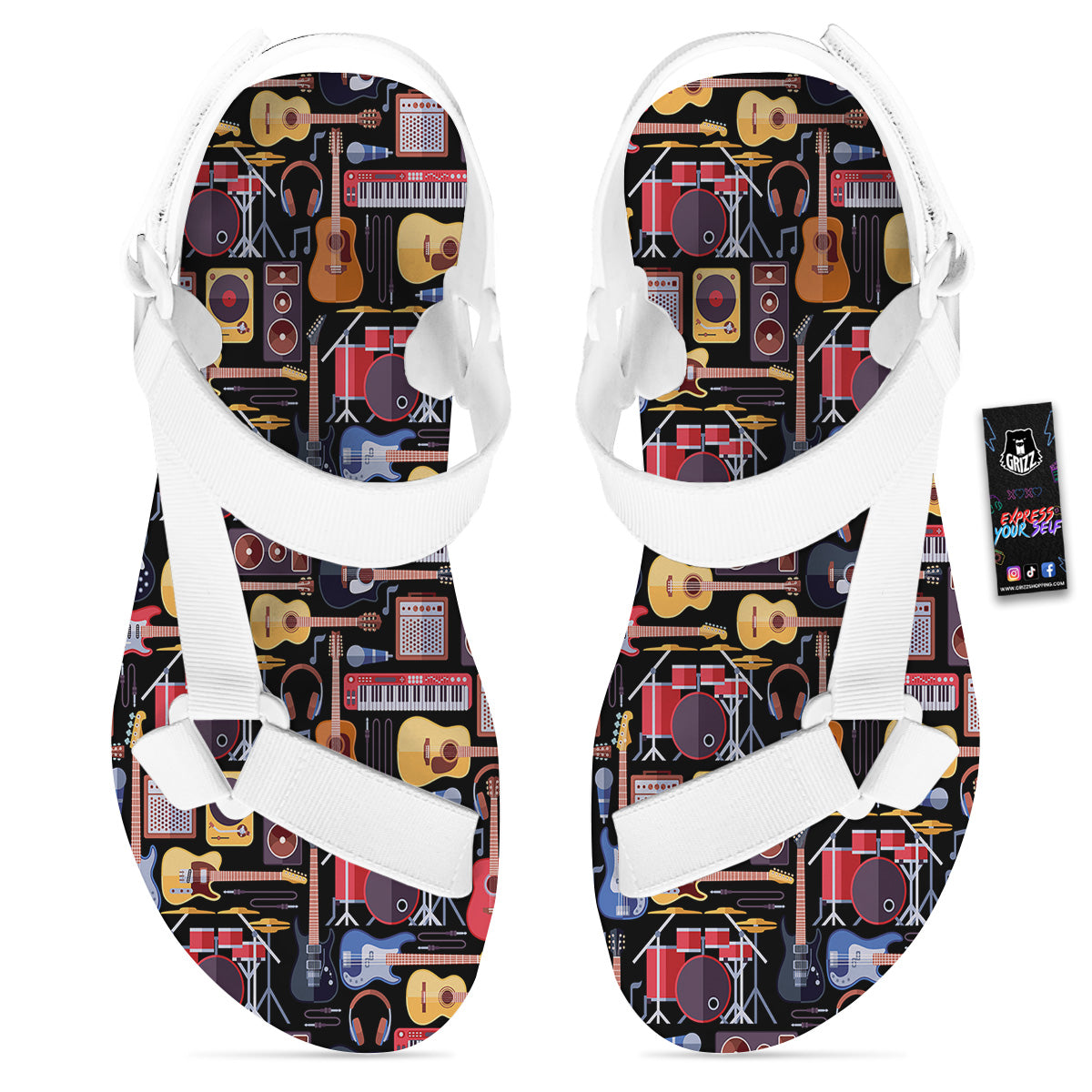 Music Instruments Print Pattern White Open Toe Sandals-grizzshop