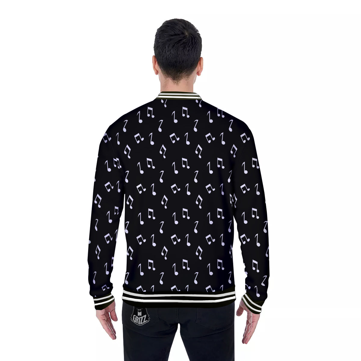 Music Note Black And White Print Pattern Baseball Jacket-grizzshop