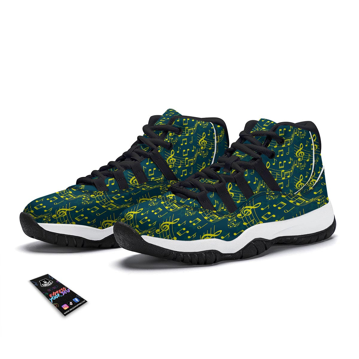 Music Note Pattern Print Black Bball Shoes-grizzshop