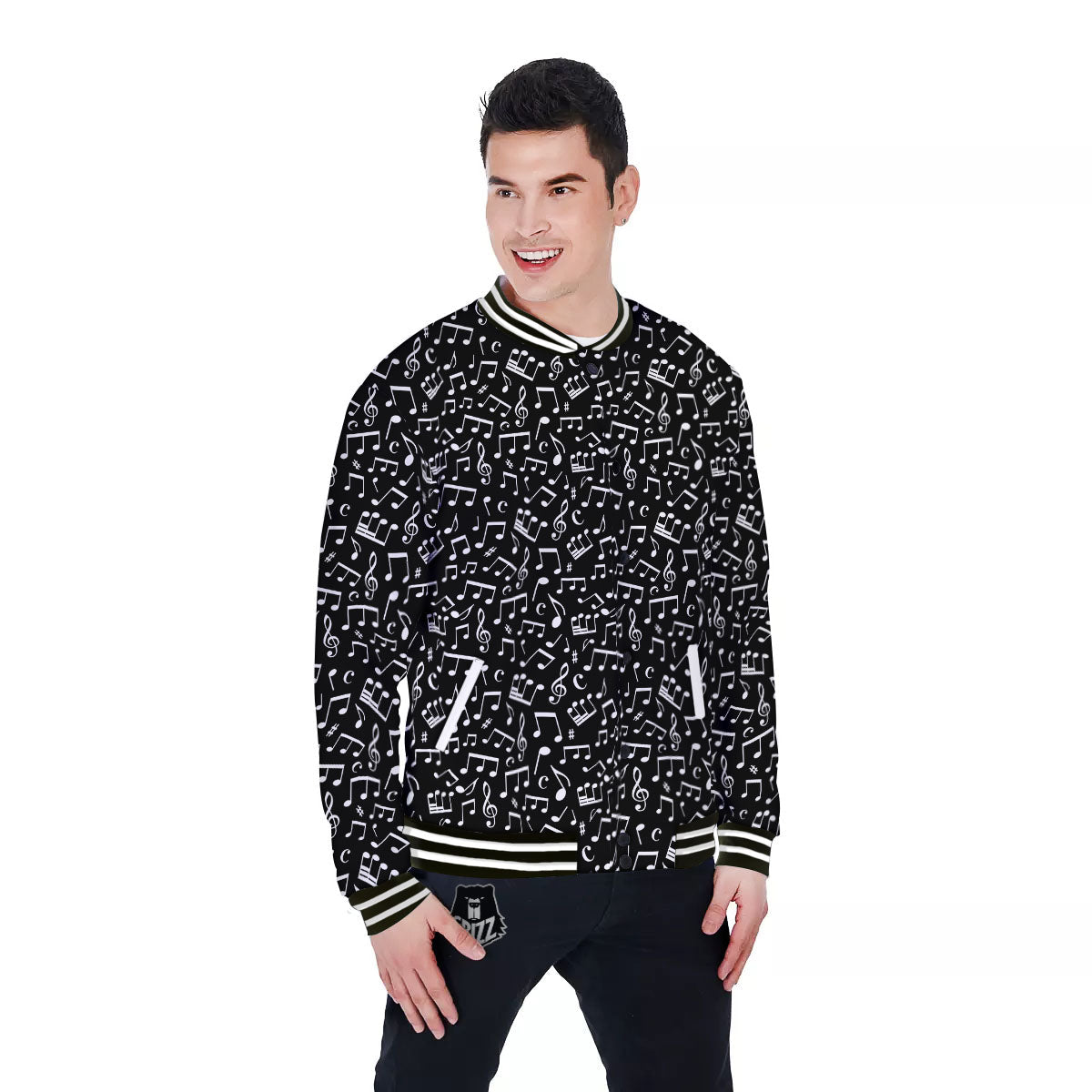 Music Note White And Black Print Pattern Baseball Jacket-grizzshop