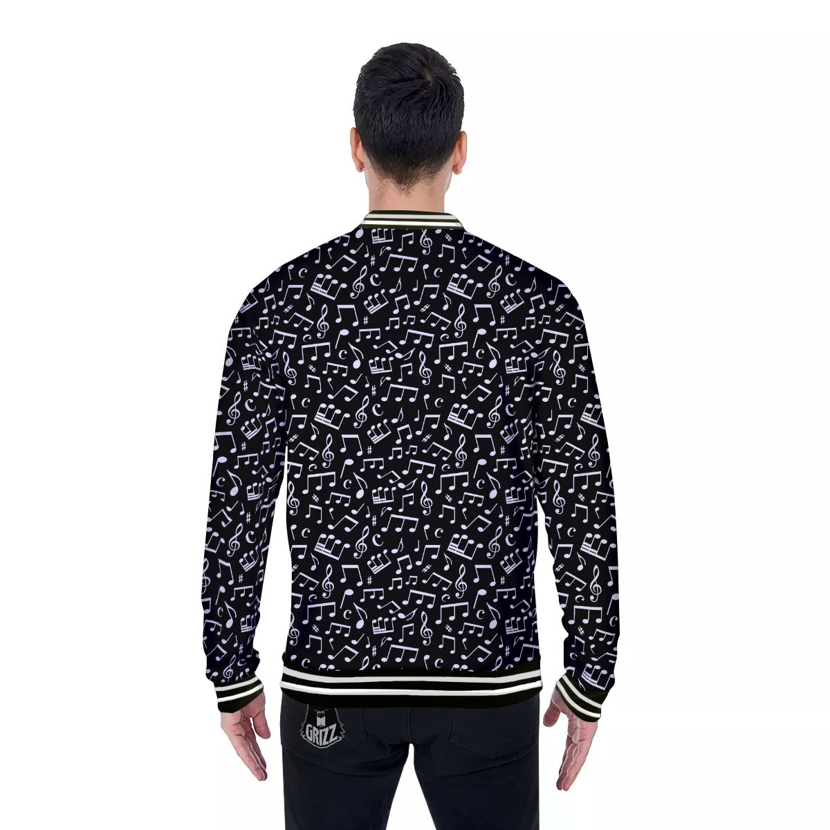 Music Note White And Black Print Pattern Baseball Jacket-grizzshop