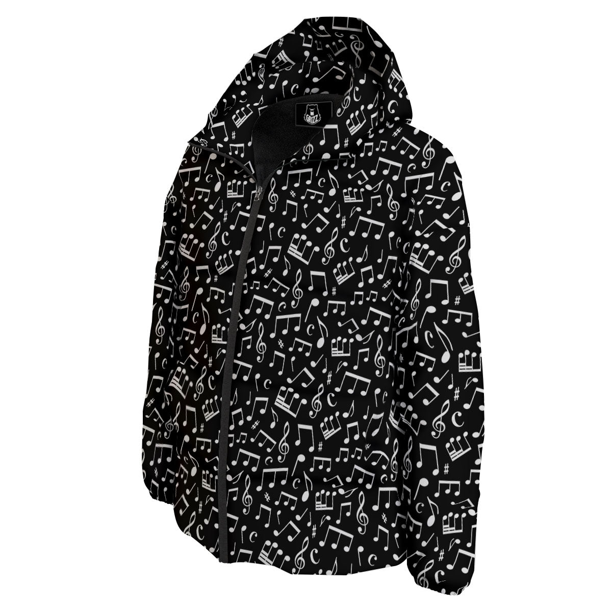 Music Note White And Black Print Pattern Down Jacket-grizzshop