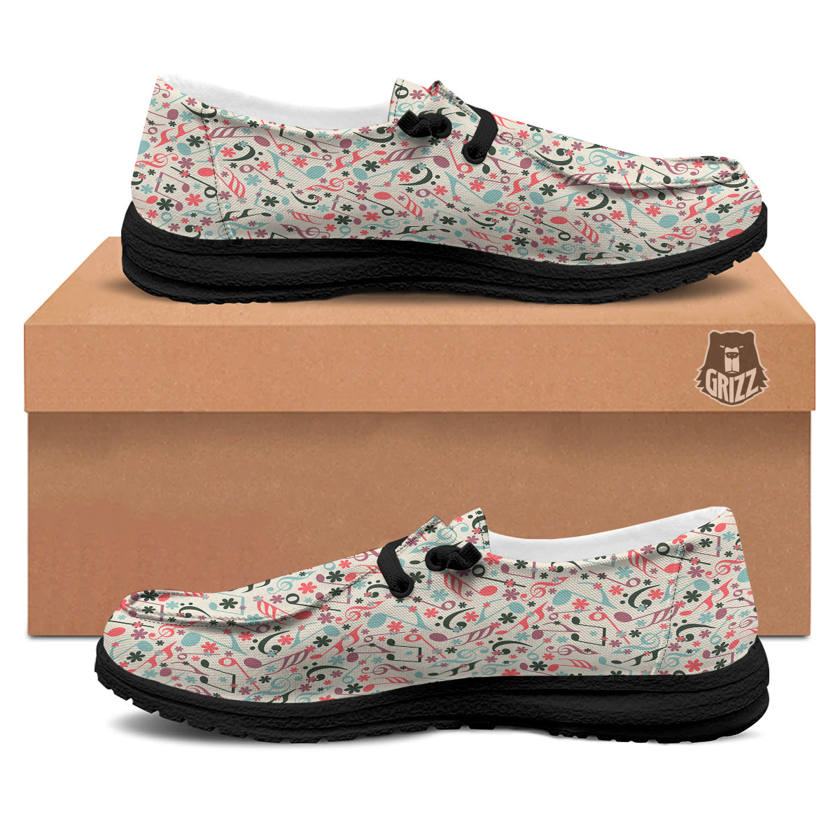 Music Notes Cute Print Pattern Black Loafers-grizzshop