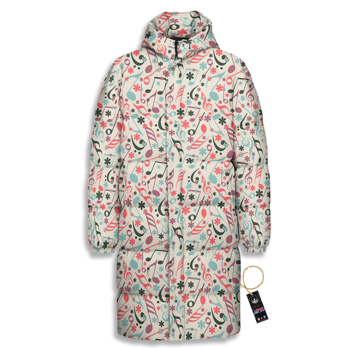 Music Notes Cute Print Pattern Long Down Jacket-grizzshop