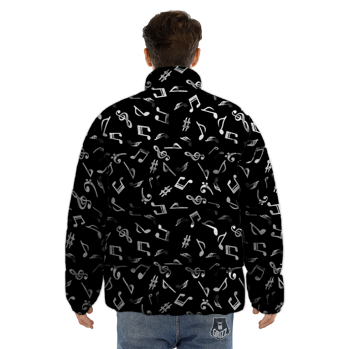 Music Notes Watercolor Print Pattern Puffer Jacket-grizzshop