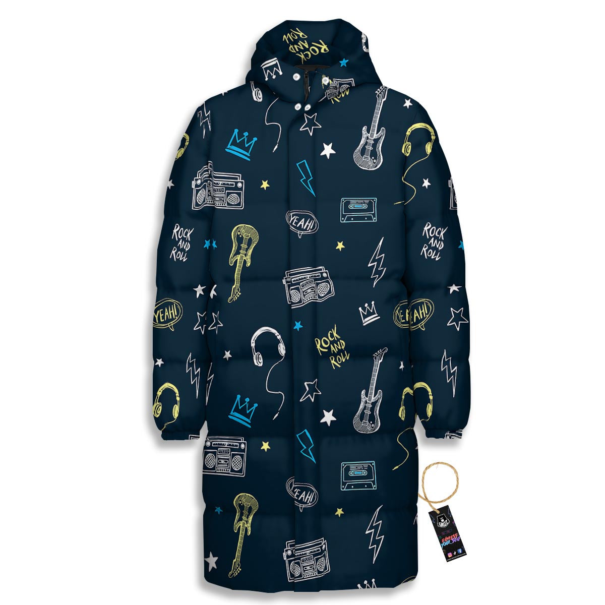 Music Rock And Roll Print Pattern Long Down Jacket-grizzshop