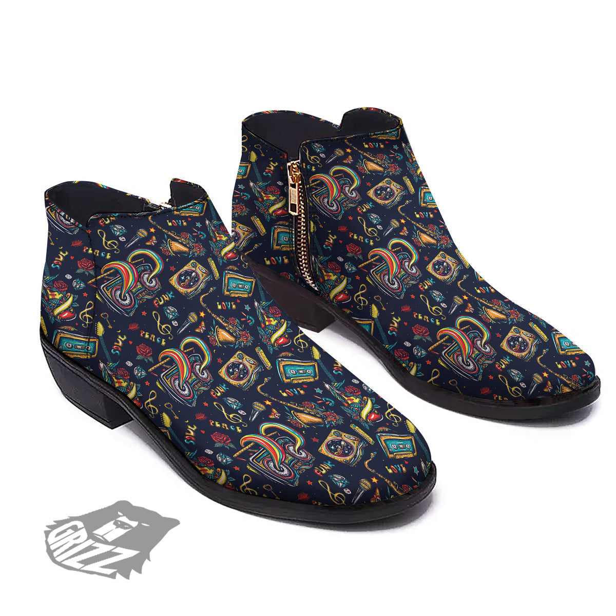 Musical Instruments Print Pattern Ankle Boots-grizzshop