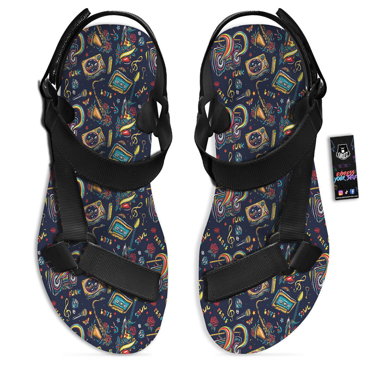 Musical Instruments Print Pattern Black Open Toe Sandals-grizzshop